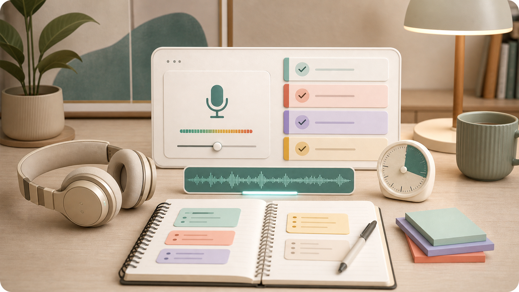 Calm desk set up for a voice interview
